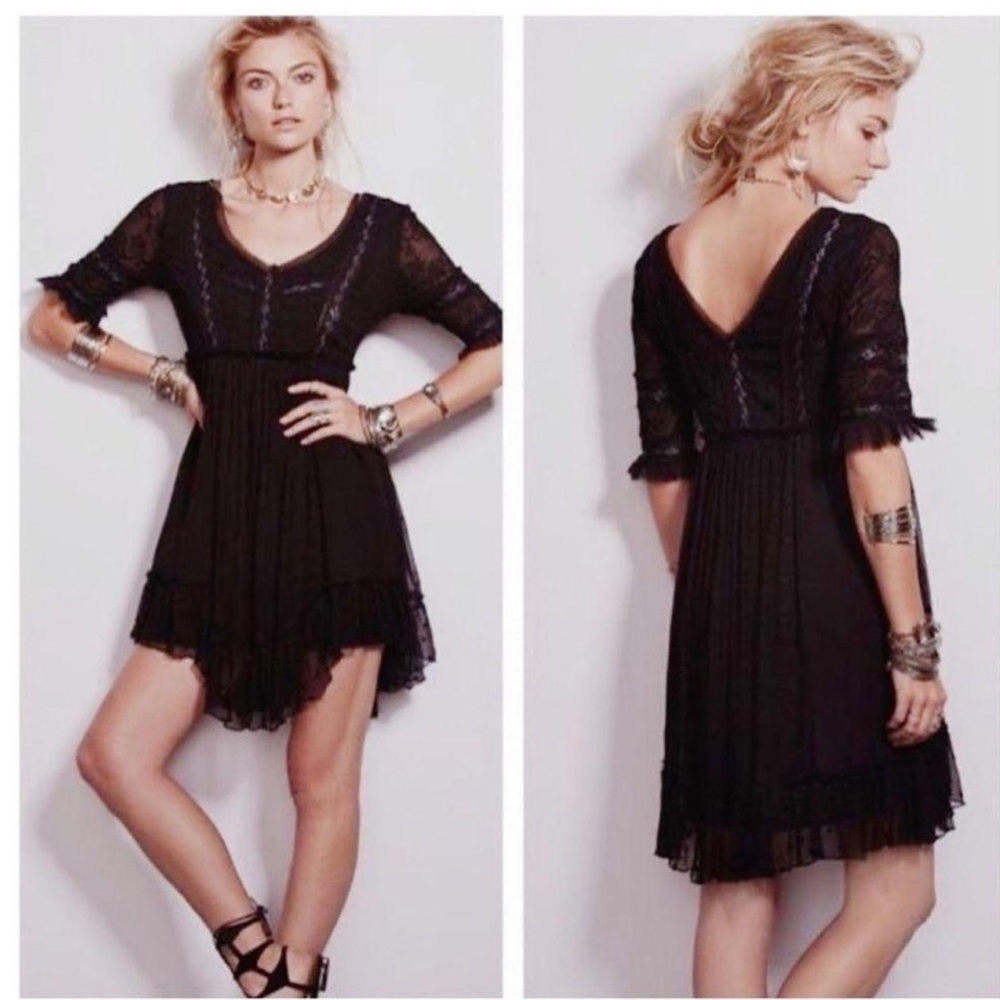 Free‎ People Black Lace Corset Boho Mini Dress Ruffle Hem Festival Style Small